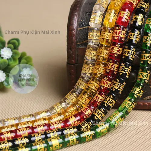 Chuỗi Dây Lu Đá Trụ & Tròn Thủy Tinh Tây Tạng Khắc Omani - Charm Phụ Kiện Xâu Phối Vòng Tay Phong Thủy May Mắn