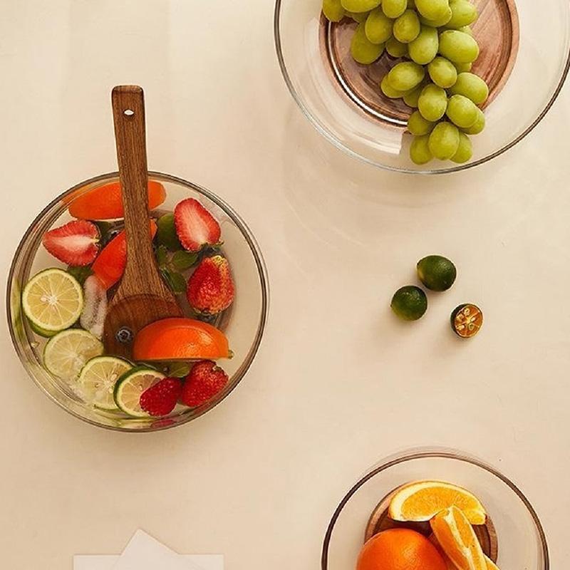 Round Clear Glass Fruit Plate With Wooden Base, 1 Count Light Luxury Transparent Fruit Snack Dish, Serving Tray For Home Kitchen Party 4