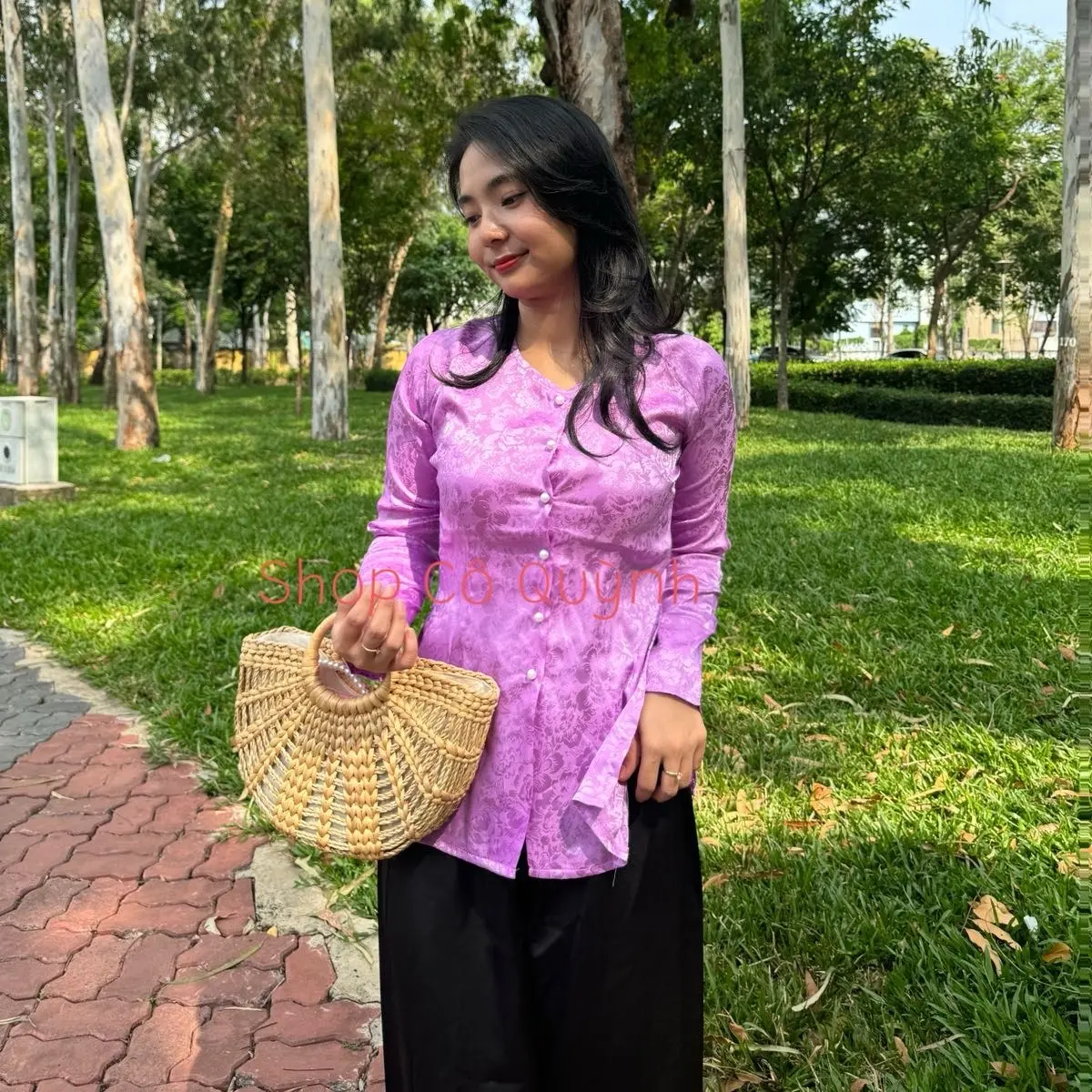 Bộ Set Bà Ba Gấm Cổ Tim Vân Hoa Áo Quần Nữ Women