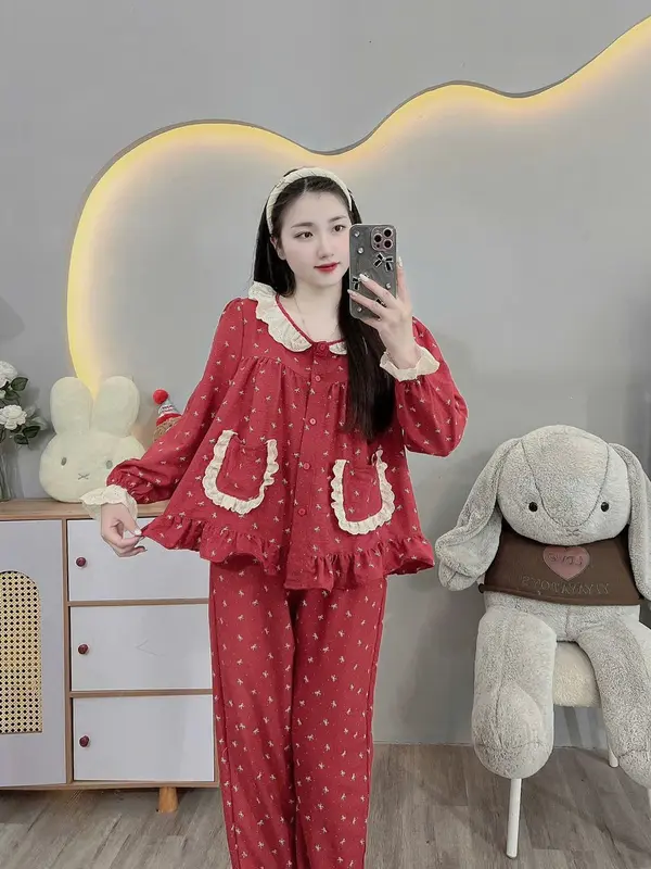 Bộ nữ mặc nhà Đũi mềm Màu Đỏ siêu dễ thương Women Áo Quần Ngủ freesize 40-60kg 1