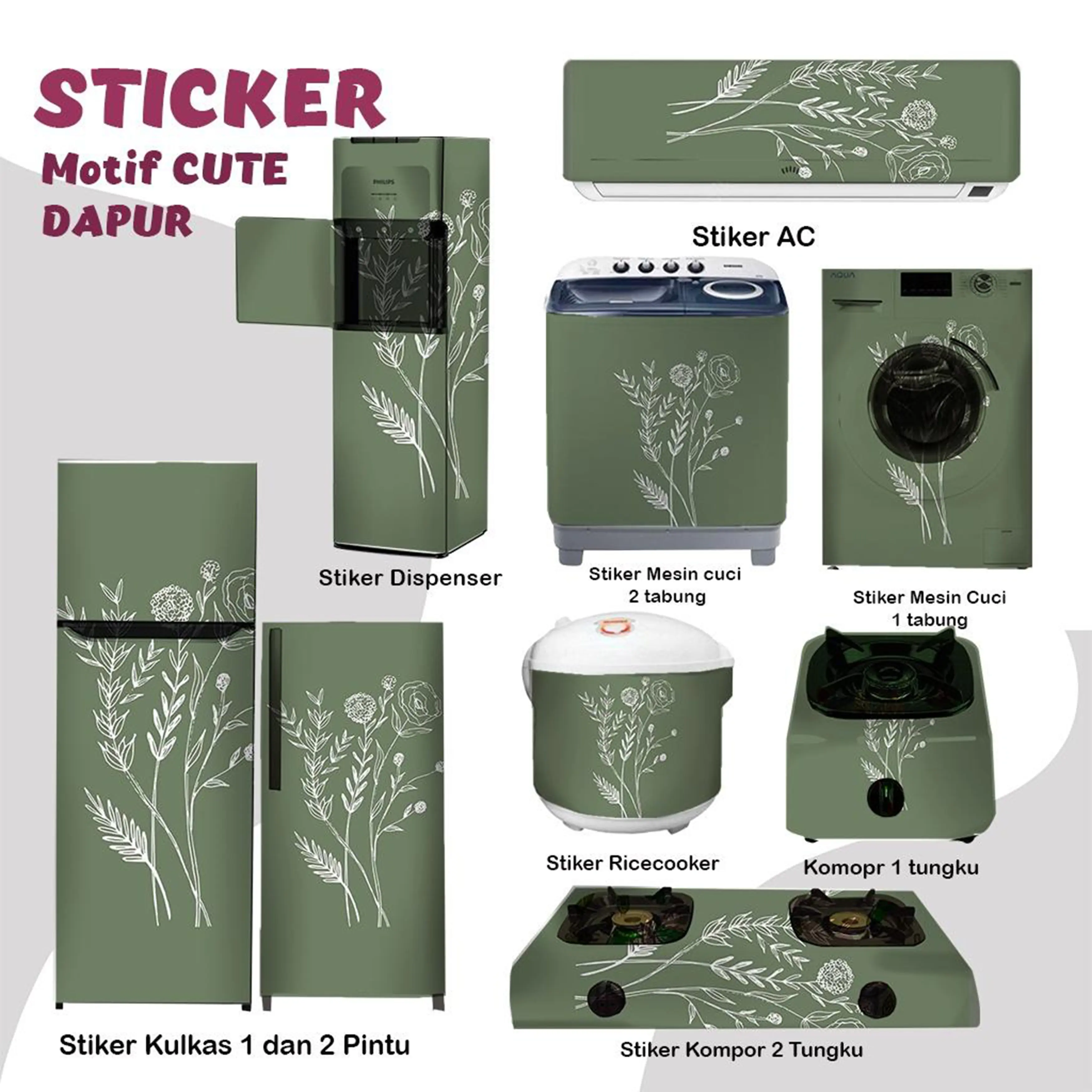 Multi Paket stiker dapur Stiker kulkas kompor mesin cuci 1 2 pintu tabung mata Rice Cooker Dispenser Ac Motif tumbuhan daun hijau abuabu muda