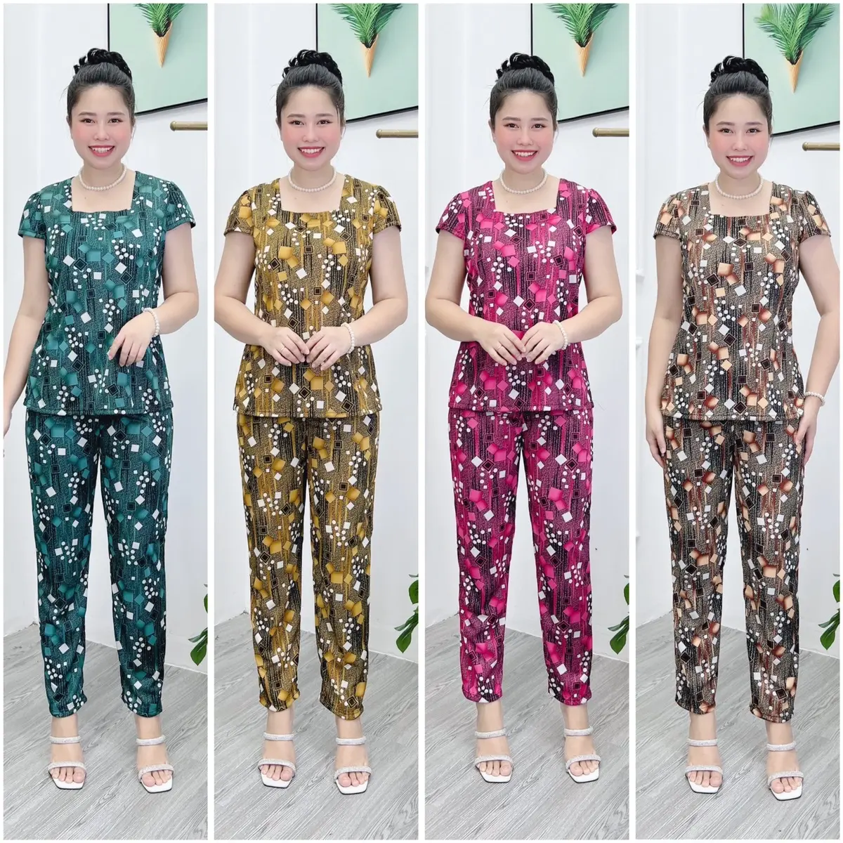 VM200 Combo 4 bộ đồ nữ thun Aty thường, mềm, nhẹ, cổ vuông, quần dài, 45-70kg Nhung