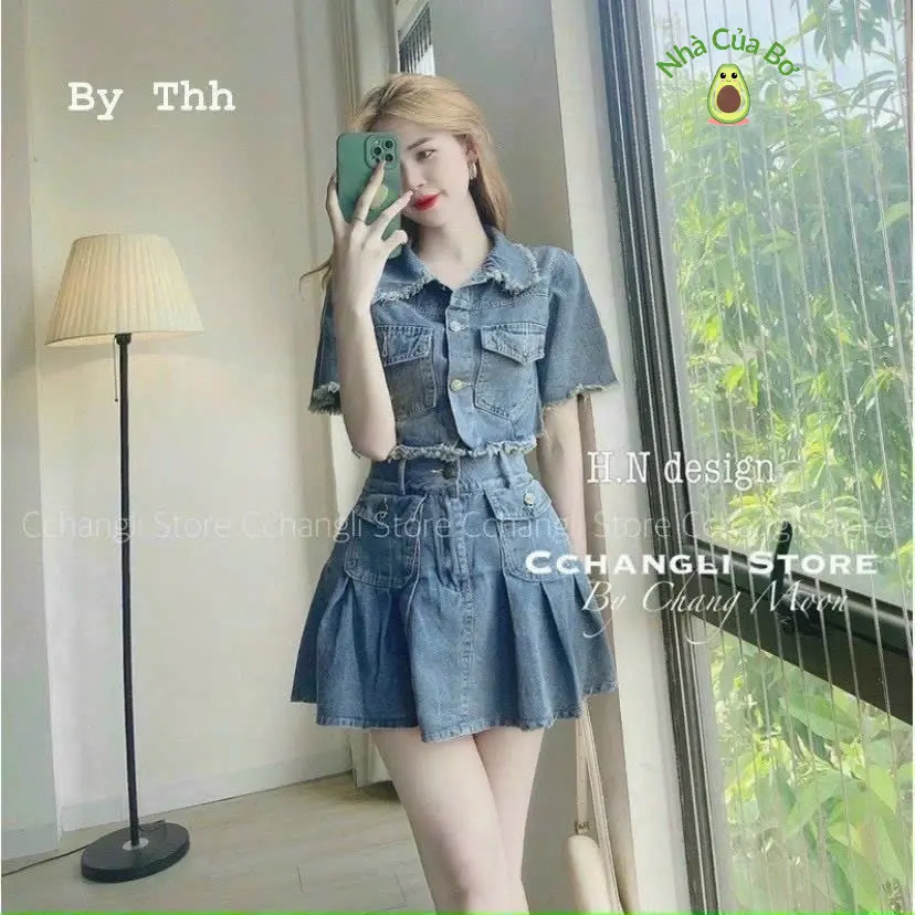 Set váy Jeans quảng châu thời trang thiết kế nữ cổ sơ mi tay ngắn phối túi váy ngắn xếp ly cá tính sang chảnh