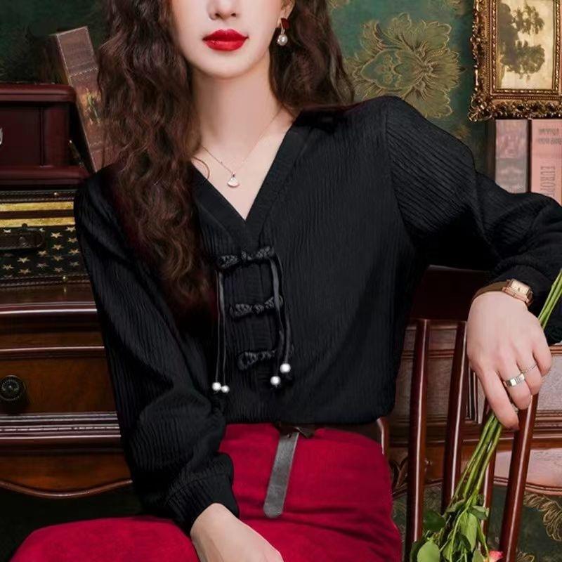Áo Sơ Mi Thiết Kế Nút Ếch Cổ Chữ V Phong Cách Trung Quốc Mới, Dành Cho Nữ, Phổ Biến Mùa Xuân 2024, Phong Cách Dân Tộc, Vai, Tay Áo Dài, Áo Phong Cách Phương Tây 0