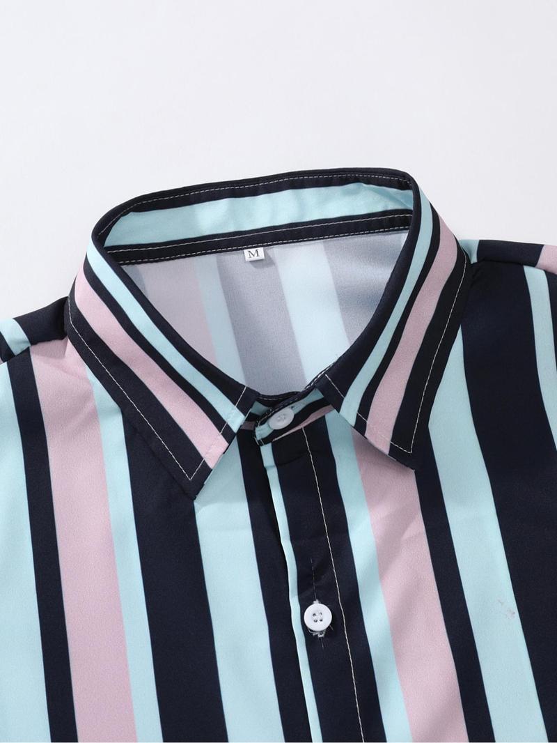 Product Introduction of Men's Striped Print Button Front Shirt, Regular Fit Casual Short Sleeve Collared Top for Summer, Fashion Men's Clothes for Beach Vacation 4