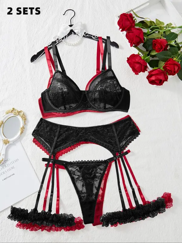 【Plus Size】 Floral Lace Sexy Lingerie Set, Sexy Push Up Bra & Thong & Garter Belt Set, Women's Lingerie & Underwear for All Seasons 2