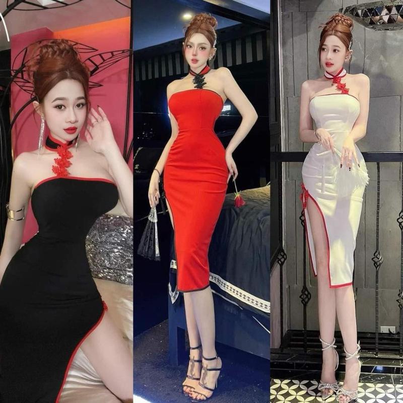  Đầm sườn xám nữ cách tân chất thun cotton nhập dày dặn phong cách Trung Hoa Women Dress - Trắng Đỏ Đen váy tiệc 