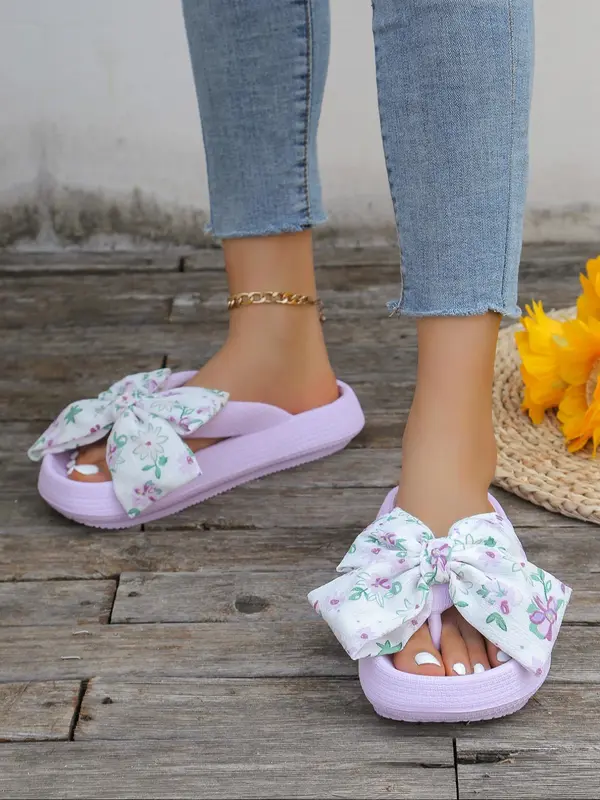 Women's Bowknot Design Flip Flops, Cute Casual Comfortable Home Slippers, Non-slip Slippers for Summer Indoor & Outdoor Wear, Girl 3