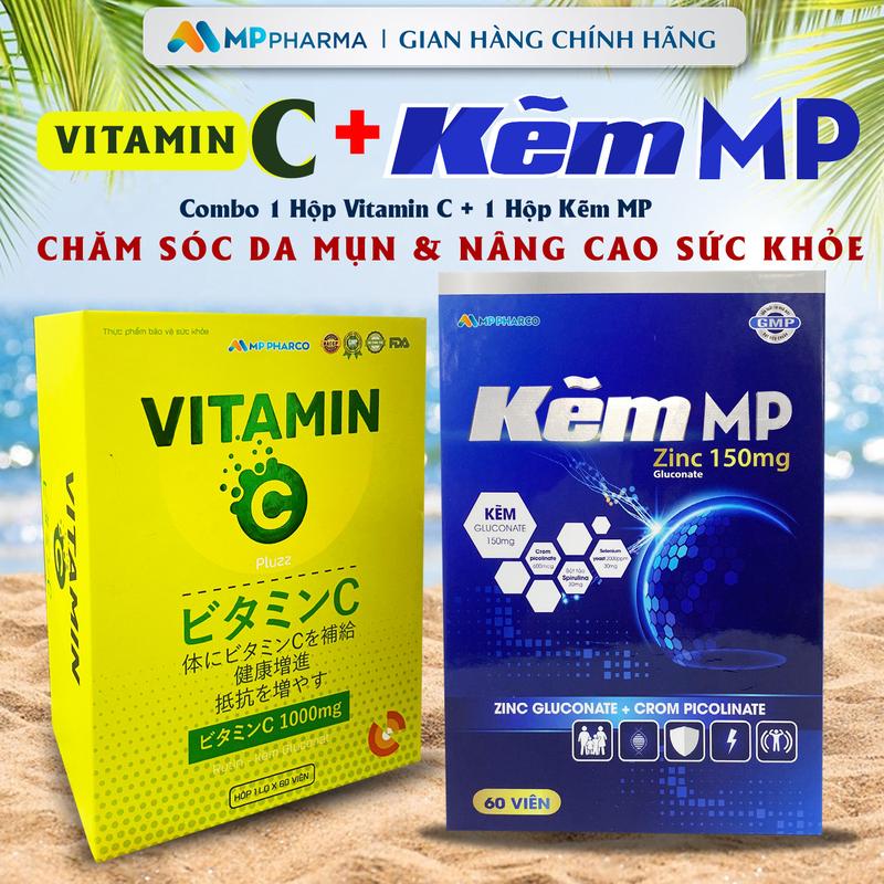 MP17a Combo 1 hộp TPBS Kẽm MP Zinc và 1 hộp TPBVSK Vitamin C - Hỗ trợ sức khoẻ, chăm sóc da mụn - 60 viên/ hộp