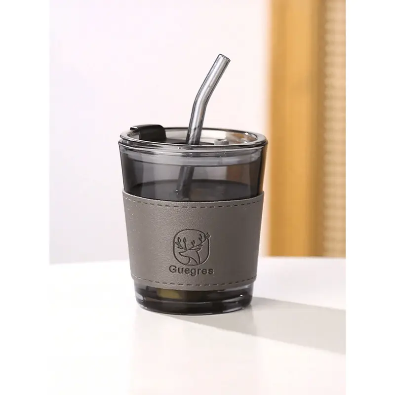#KUP 1pc, 350ML Or 450ML Retro Transparent Water Cup, Glass Coffee Mugs With Straw And Lid, Iced Tea Cup, Juice Cup, Milk Cup, Coffee Cup, Thicken Wall Insulated Glass Cup With Protect Sleeve (Amber, Smoke Grey) 4