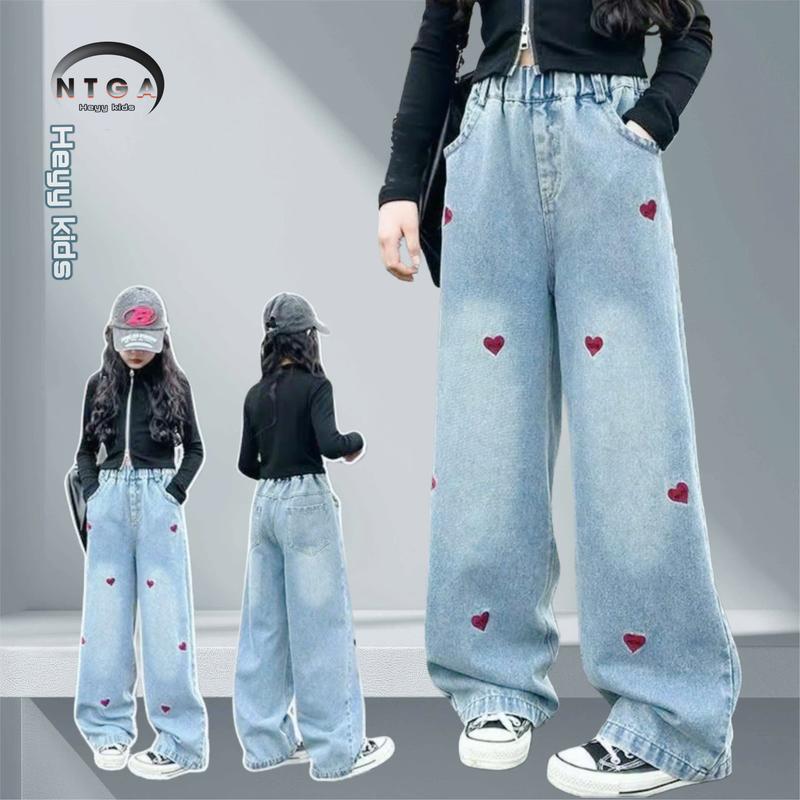 (16-50kg) Quần bò jean cho bé gái thêu tim. ống suông rộng sang xịn và nổi bật. (mã TD123) bò sành điệu 10 tuổi