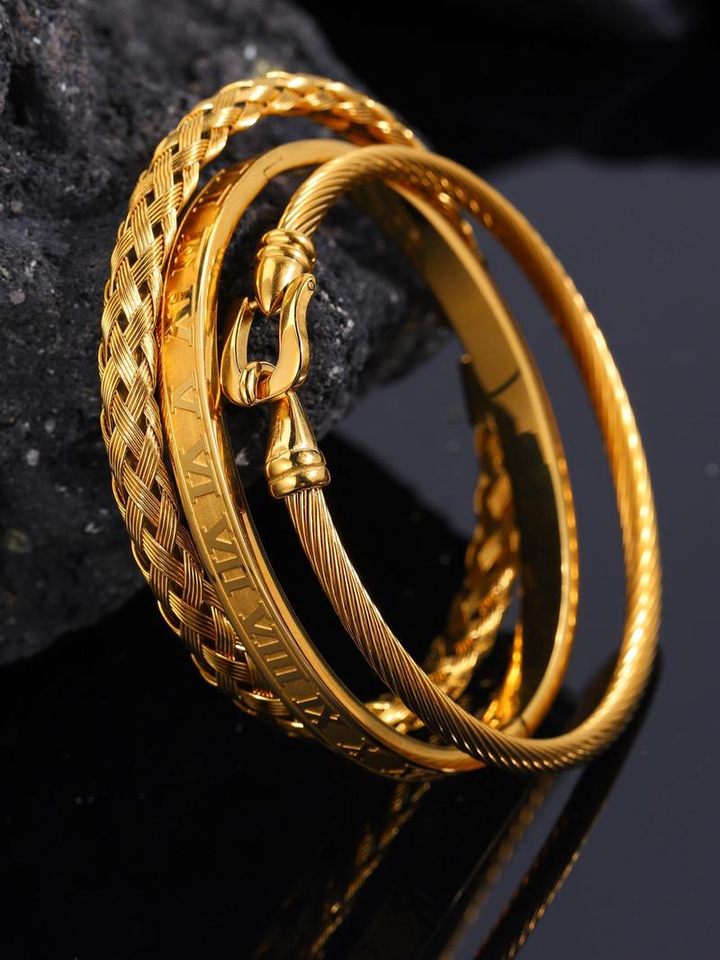 Product Introduction of Stainless Steel Bracelet Set, Hip-hop Punk Style Open Weave Horseshoe Buckle Design Bracelet for Men & Women, Trendy All-match & Exquisite Jewelry for Birthday Gift 5