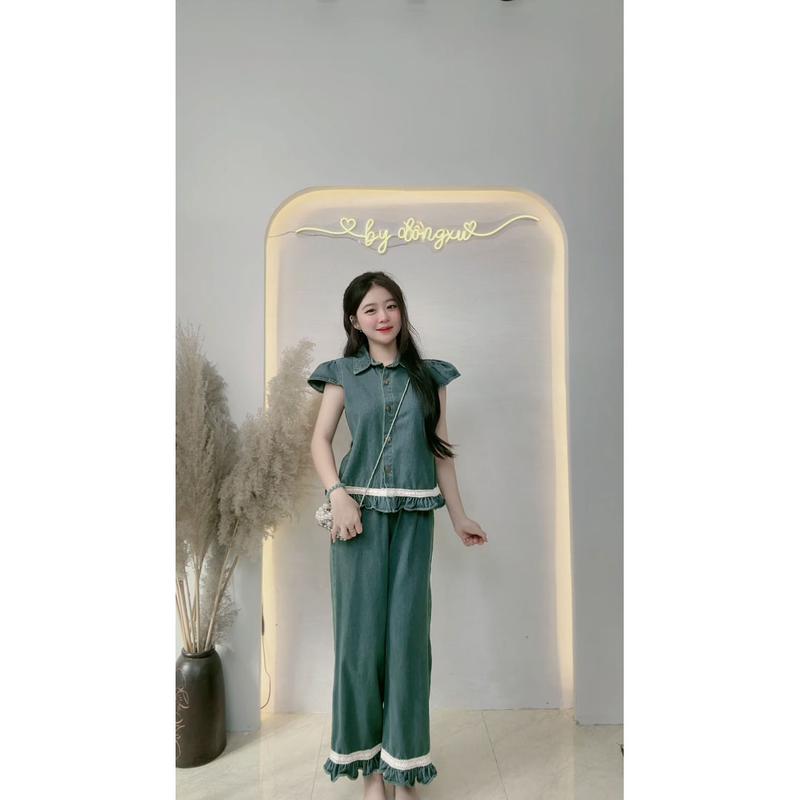 Set jean DONGXU S113 (607) gồm áo tay phồng ngắn tay và quần dài ống xuông phối ren cho nữ 1