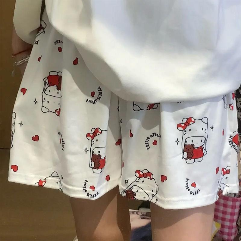 Mùa hè!Quần Đùi Mèo Kitty, Thiết Kế Hoạt Hình Dễ Thương, Thoáng Khí, Đồ Mặc Ở Nhà, Quần Đùi Ngủ, Dáng Rộng Vừa Vặn, Dành Cho Nữ, Đồ Ngủ Mùa Hè, Quần Thường Ngày 0