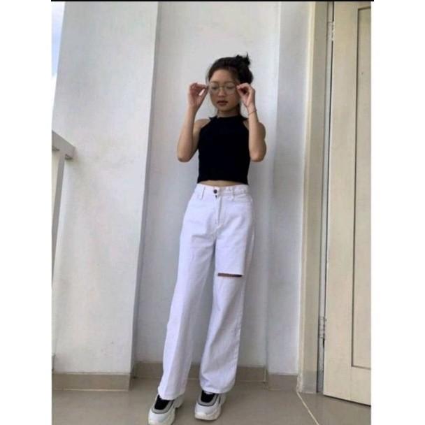 Celana jeans wanita SOBEK ripped jins denim highwaist murah cewek cullote cutbray Korean style 1