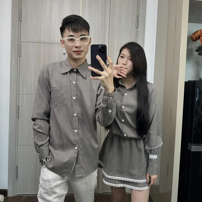 Đồ đôi nam nữ sơ mi dài tay váy nữ liền chân váy có quần bảo hộ thiết kế sang trọng lịch sự phù hợp cho cặp đôi Set couple người yêu hot trend mới 2024(có lẻ) 7