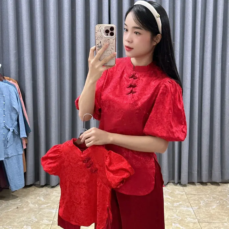 set gấm mẹ và bé gái size 4-70kg đồ gấm tết Áo Top 2