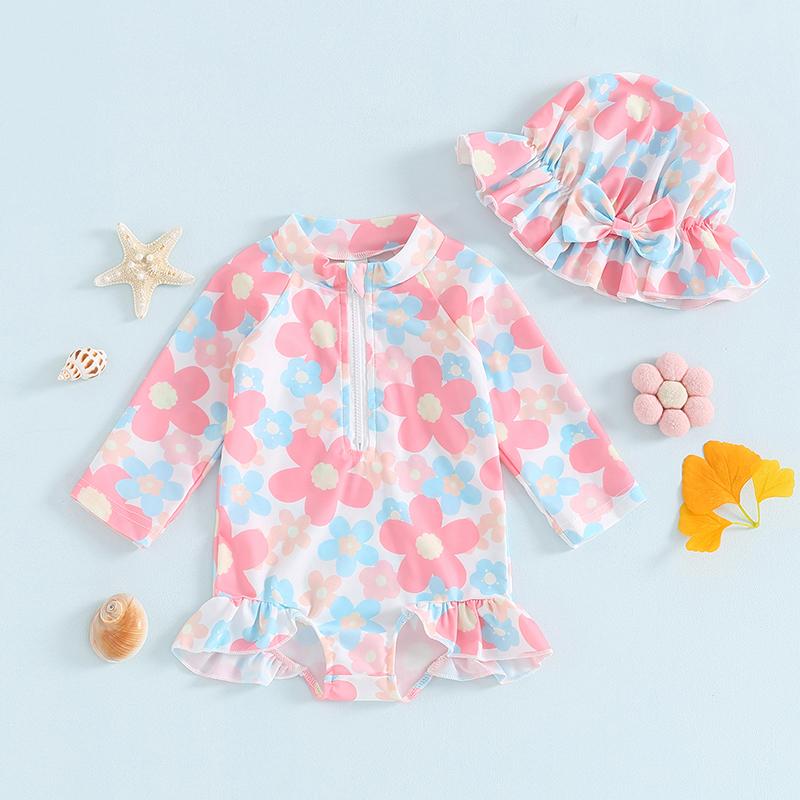 Bộ Đồ Bơi Cho Bé Gái Mới Biết Đi, Áo Khoác Có Khóa Kéo, Cổ Tròn, Dài Tay, Bảo Vệ Chống Nứt Nẻ, Áo Tắm Hoa, Có Nơ Và Mũ Chống Nắng, Thích Hợp Cho Trẻ Mới Biết Đi, Trang Phục Đồ Tắm 2