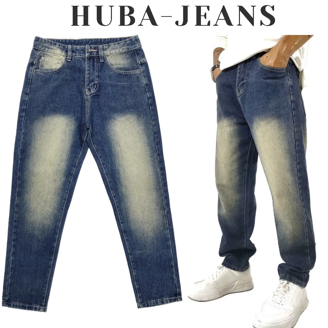 Quần jean dáng form suông rộng quần bò baggy trơn ống rộng nam dễ phối đồ, chất jean đẹp xanh ánh vàng Retro HUBA JEANS Pants Menswear Ong Có Túi Cotton Loang Denim grind  wash jean han quoc