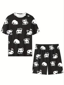 Men's Panda Print Tee & Shorts Loungewear Two-piece Set, Regular Fit Casual Comfy Round Neck Short Sleeve T-shirt & Shorts Pj Set, Men's Sleepwear for Summer
