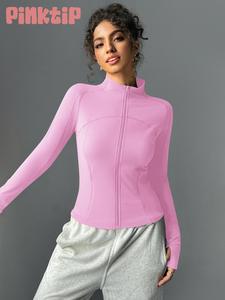 PinkTip Women's Solid Zip Up Thumb Hole Design Stand Collar Sports Jacket, Long Sleeve Raglan Sleeve Outerwear for Outdoor Running Cycling Hiking, New Year Christmas Gift, Ladies Sportswear for Winter, Winter Clothes Women for Valentine's Day