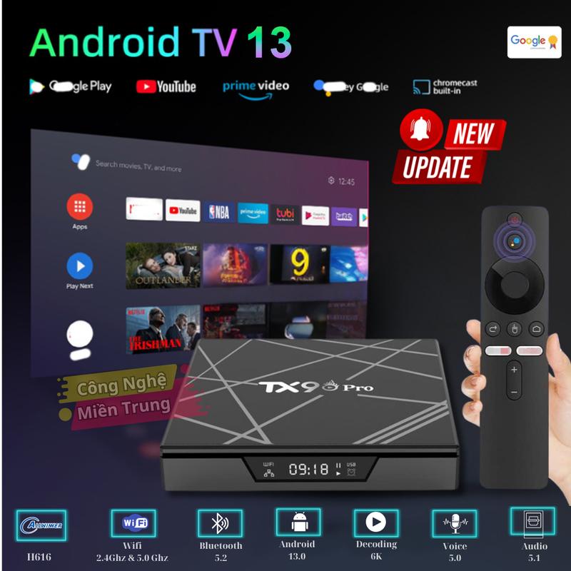 Android Tivi Box Q PRO (Seri TX9) - Ram 8G/128G - Android 13 - Bluetooth - Netflix - Remote Tìm Kiếm Giọng Nói - hỗ Trợ Điều Khiển Tivi Thường Thành TV thông minh