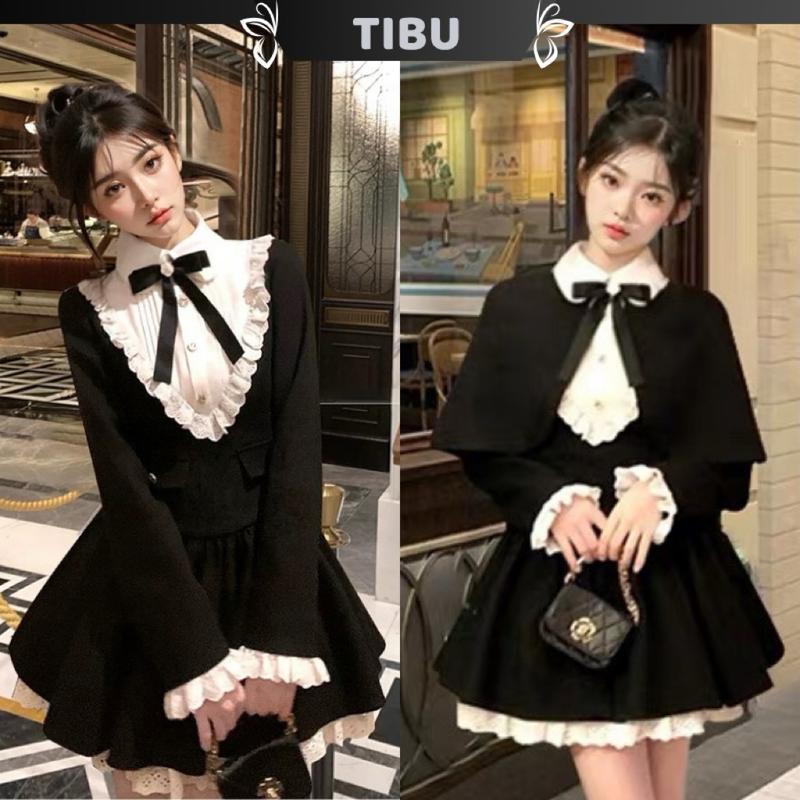 Set Đầm Nhung Cổ Bèo Tay Dài Phối Áo Khoác TIBU Set Đồ Nữ Tiểu Thư Sang Chảnh Thu Đông Đi Chơi Dạo Phố B628