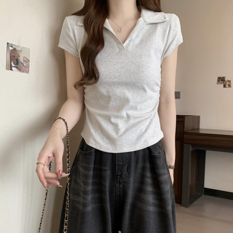 Product Introduction of 106 # Real Shot Real Price 40s Pure Cotton 210g (92% Cotton/8% Spandex) Polo Collar Waist-Cinching Short Sleeve T-Shirt for Women Top Womenswear 24