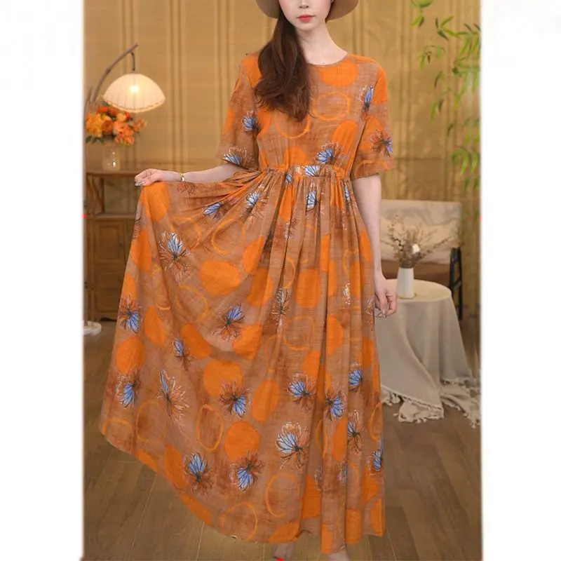 Artistic Retro Cotton Linen Printed Short Sleeve Dress Summer New Waist  Slimming Large Hem Long Dress