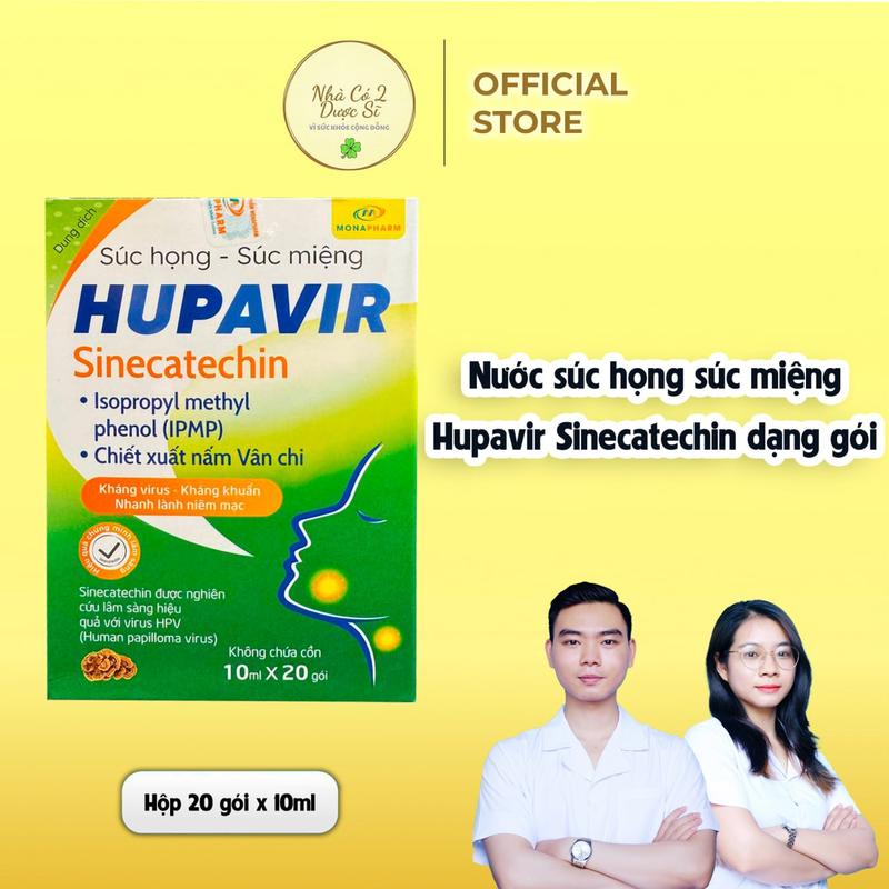Che tên - Hộp 20 gói x 10ml Nước súc miệng súc họng Hupavir Sinecatechin chiết xuất nấm vân chi trà xanh lá neem hơi thở thơm mát