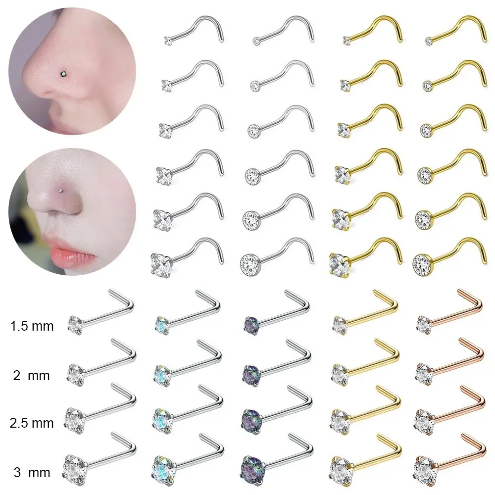 1 Set 1.5/2/2.5/3/3.5/4mm Color Crystal Nose Stud Stainless Steel Nostril Piercing L-Shape Nose Piercings Body Jewelry