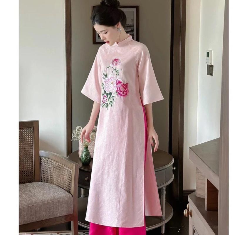 [Tiệm nhà Mây-M001] Áo dài Nhã Linh chất linen thêu hoa, quần Ngọc trai 1