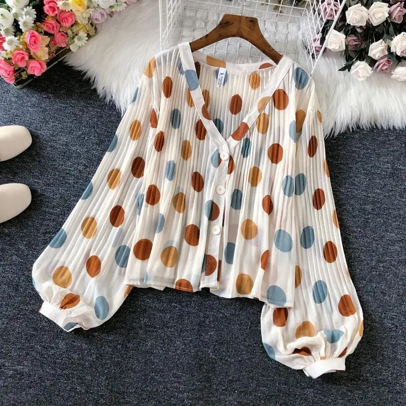 Kemeja Sifon Berlipat, Gaya Korea, Elegan dan Seksi, Leher V, Corak Polka Dot, Blaus Pelindung Matahari, Kot Perut Sembunyikan, Untuk Wanita, Musim Panas 2024