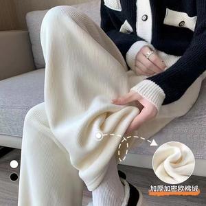 [LUNE]女性用コーデュロイフリース裏地ワイドレッグパンツ、秋冬、プチハイウエスト、ドレープルーズフィット、スリムカジュアルストレートレッグウォームパンツ