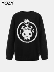 YOZY Women's Skull Print Round Neck Sweater, Casual Long Sleeve Crew Neck Jumper for Fall & Winter, Fashion Ladies' Knitwear for Daily Wear