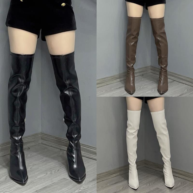 Boot Đùi Mũi Nhọn Chất Liệu Da Lì Cổ Cao Trên Gối Gót Nhọn Cao Cấp V10285 Shoes Nữ GiàY Bốt