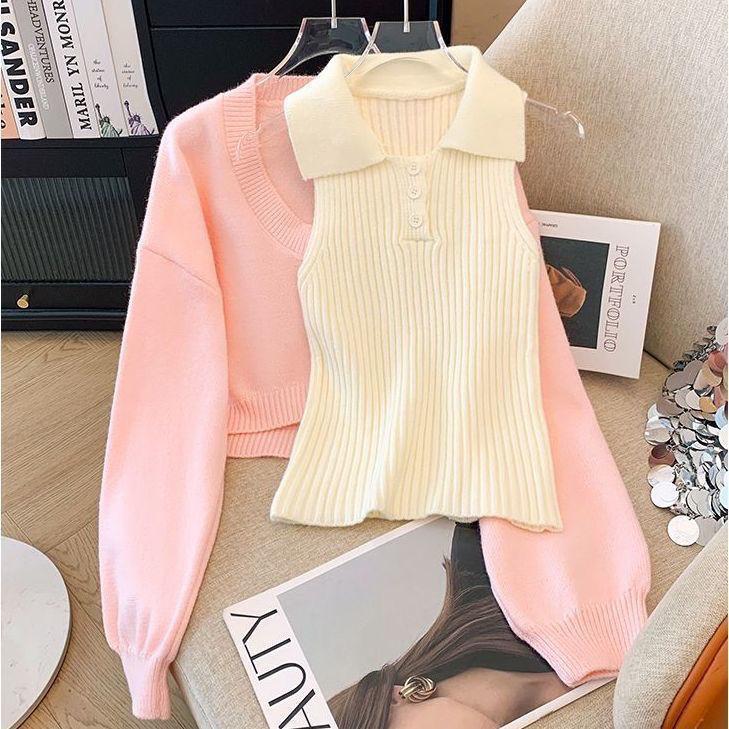 Vòng Cổ Polo, Phong Cách Hàn Quốc, Bộ Đồ Áo Vest Áo Chui Đầu Đồ Len Bộ Đồ Hai Mảnh, Hàng Mới Về Mùa Thu Và Mùa Đông 2024, Áo Trên Nữ Women Top 5