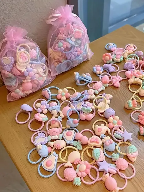 Cute Colorful Flower Fruit Design Hair Ties, 2024 New Style Colorful Hair Ties for Girls, Fashion Pink Hair Accessories for Party, Daily Clothing Decor, Hairstyles Ideas for Girls 0