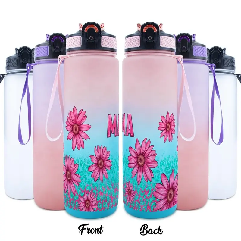 32oz Water Bottle, 1 Count Floral Pattern Sports Water Bottle with Time Marker, Outdoor Durable Large Capacity Hiking Water Bottle 0