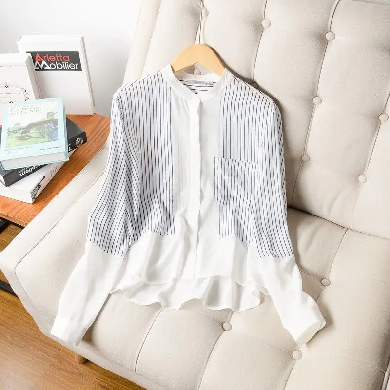 Áo Dài Tay Cho Nữ, Bộ Sưu Tập Mới Mùa Xuân Và Mùa Thu, Làm Bằng Crepe De Chine Lụa Sọc, Thiết Kế Cổ Chân Đế