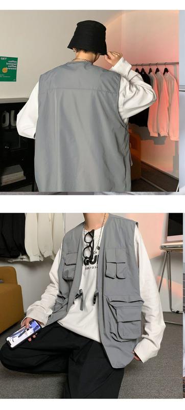 Product Introduction of Spring and Autumn Ins Mechanical Style Work Vest Vest Man Loose Hong Kong Style Fashion Brand All-Matching Multi-Pocket Sleeveless Jacket 10