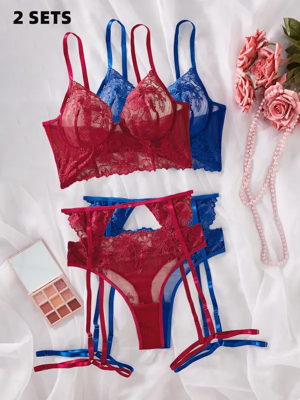 Women's Solid Lace Sexy Lingerie Three-Piece Set, Push Up Bra & Thong & Garter Belt Set, Soft Comfy Breathable Lingerie Set for Women 5