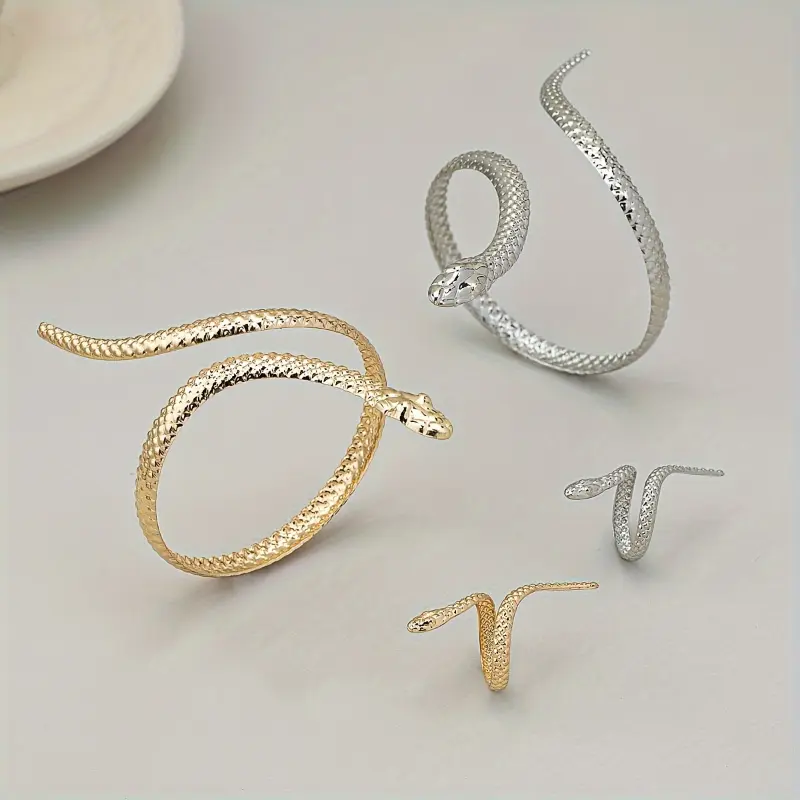 2pcs/ Set Bohemian Vintage Dark Chic Snake-shaped Ring And Bracelet Combination Set, Pendant Necklace for Ladies, Suitable Dates, Vacations, Daily Wear exquisite gift 4