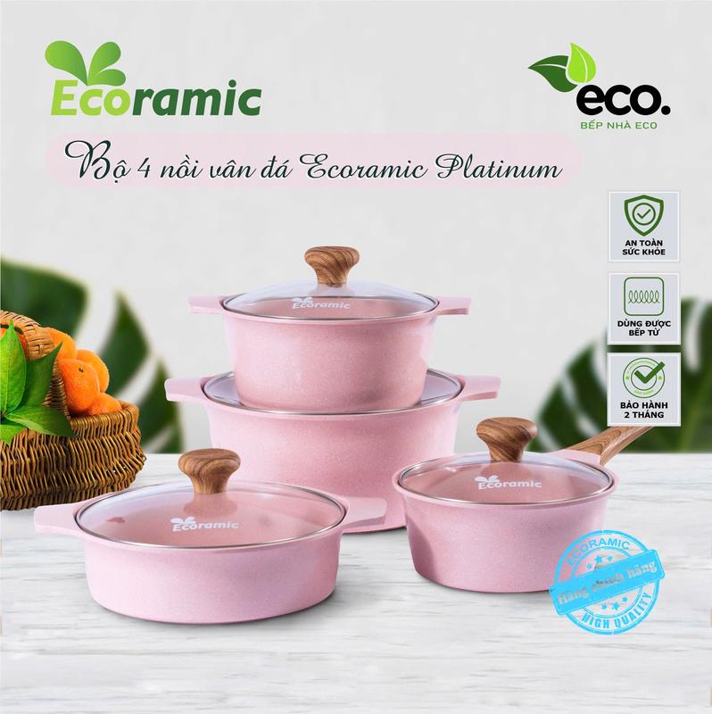 (TẶNG CHẢO 20CM) Bộ 4 Nồi Vân Đá Cao Cấp Ecoramic Platinum, 7 Lớp Chống Dính - Hồng Pastel