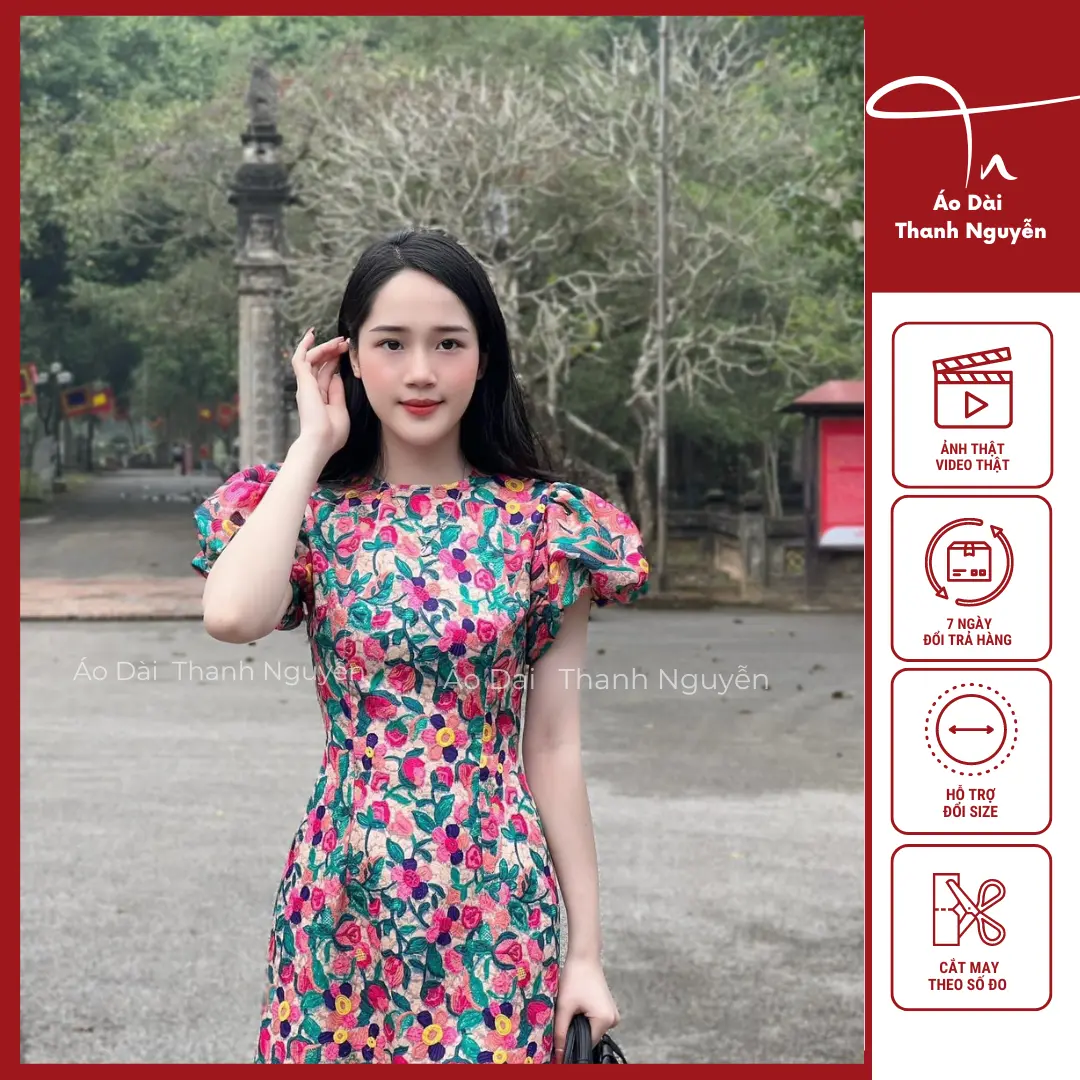 Áo Dài Nữ Gấm Hoa 2 Tà Thiết Kế Cổ Tròn Tay Bồng - HOASOI
