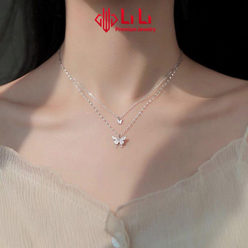 Dây chuyền bạc nữ LiLi S925 đính đá CZ cao cấp 2 tầng đẹp và độc hình đôi bướm Hot Trend LILI_361718