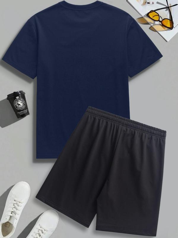 Two-Piece Set Men's Letter Print Tee & Shorts, Regular Fit Round Neck Short Sleeve T-Shirt & Track Shorts, Casual Summer Clothes Set for Outdoor 7