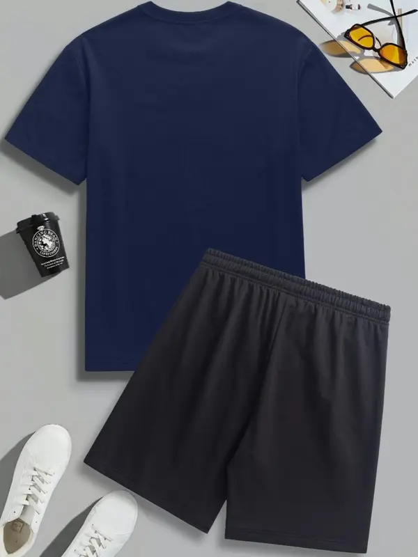 Two-Piece Set Men's Letter Print Tee & Shorts, Regular Fit Round Neck Short Sleeve T-Shirt & Track Shorts, Casual Summer Clothes Set for Outdoor 7
