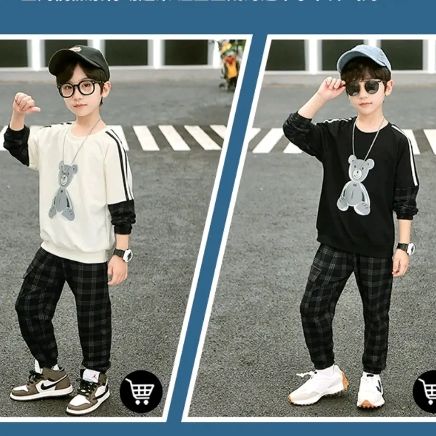 SETELAN ANAK LAKI IMPORT JUNIOR BESAR  WARNA KREM & HITAM USIA 5 6 7 8 9 TAHUN