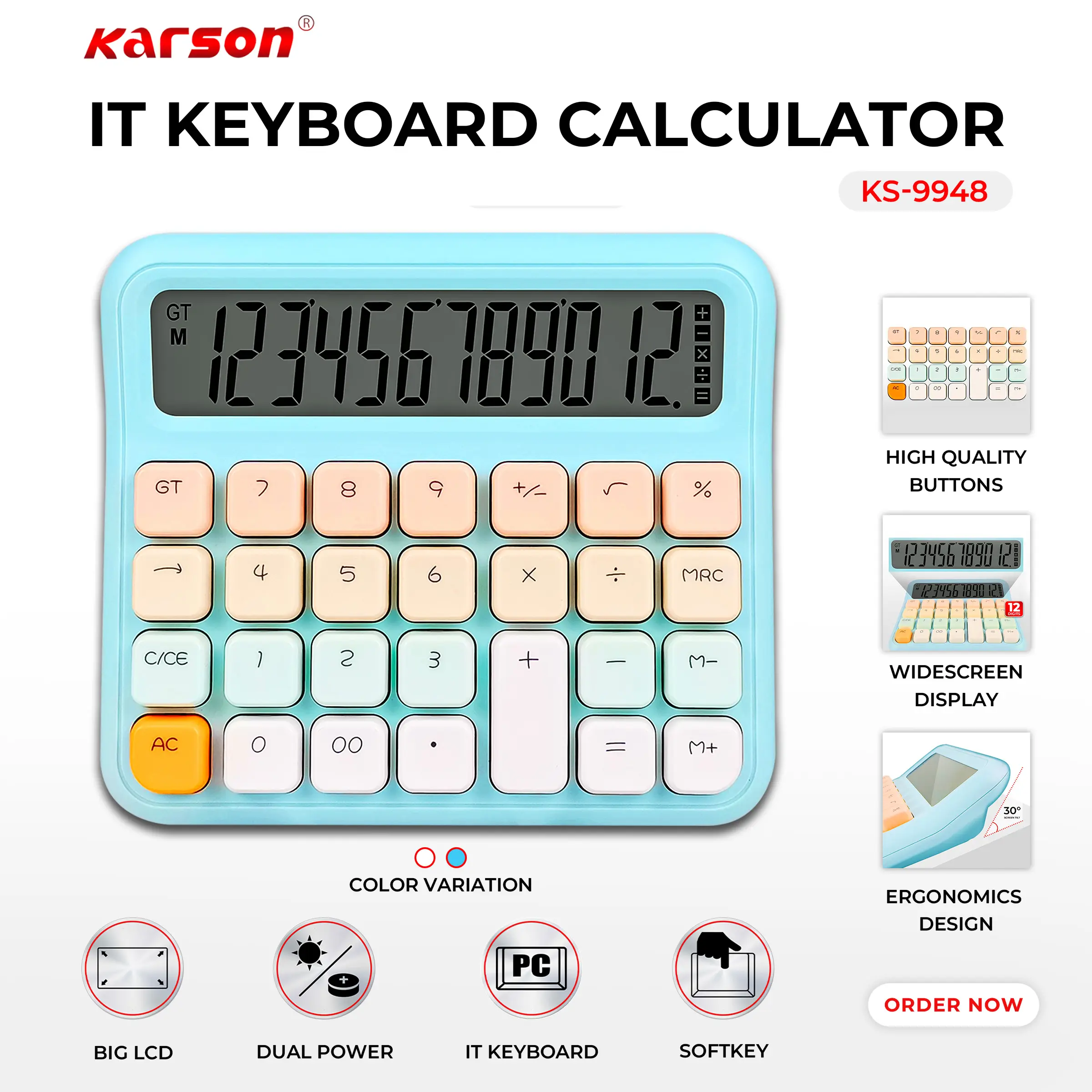 KARSON IT Manual Keyboard Calculator - Aesthetic Pastel, Soft Keys, Wide Display, Durable Aluminum, Dual Power | 8" calculator colorful  calculator office  calculator cute  calculator aesthetic  calculator 12  digits.KS-9948 affordable electronic big